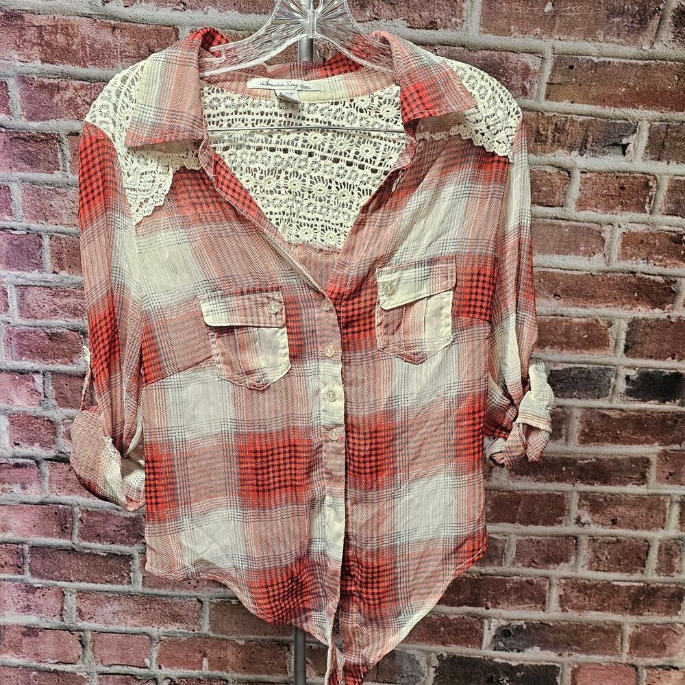 Women's AMERICAN RAG CIE Sheer Flannel Shirt Large‎